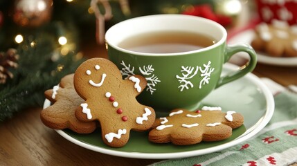 Christmas table with cup of green tea and gingerbread cookies.