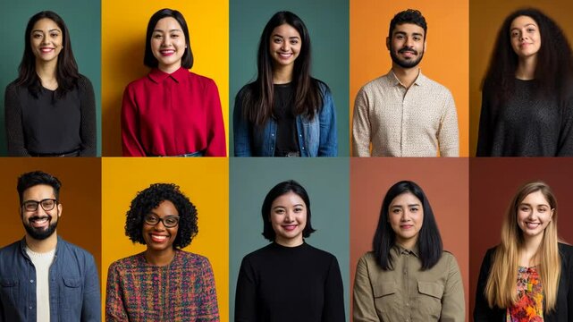 Diverse Faces, Vibrant Colors: A Montage of Happy Individuals Smiling for the Camera in a Split-Screen Grid