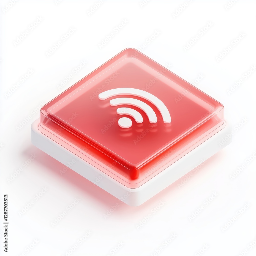 Poster wireless connection: red and wi-fi signal icon on an illuminated square button symbolizing connectiv
