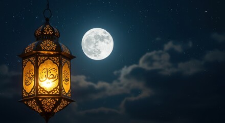 Illuminated lantern against a starry night sky with a full moon in the background