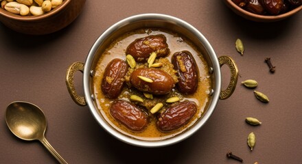 Delicious bowl of dates garnished with cardamom and served with nuts on a table