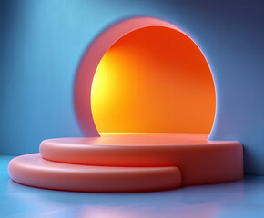 Vibrant abstract stage design featuring a circular backdrop with warm colors set in a minimalist environment