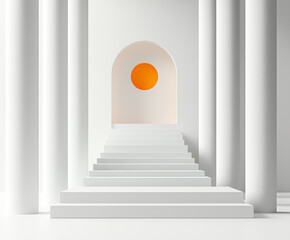 Modern minimalist staircase with columns leading to an orange circular window in bright light