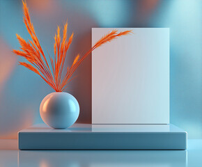 Modern display featuring geometric shapes and vibrant plant arrangement against a soft fabric backdrop