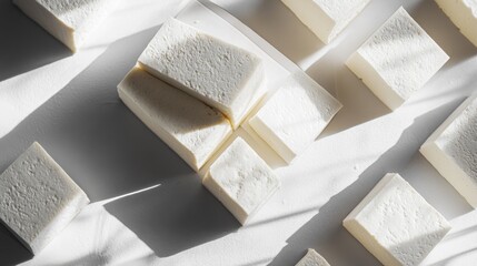 Minimalist presentation of freshly cut tofu blocks, precise knife work displaying uniform thickness, subtle shadows emphasizing tofu smoothness, clean negative space, overhead angle, commercial