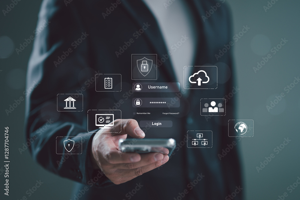 Poster Cyber security and Security password login online concept Hands typing and entering username and password of social media, logging in with smartphone to an online bank account, data protection hacker