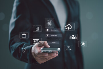 Cyber security and Security password login online concept Hands typing and entering username and password of social media, logging in with smartphone to an online bank account, data protection hacker