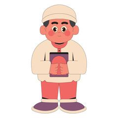 Cute muslim kid hug quran cartoon icon illustration
