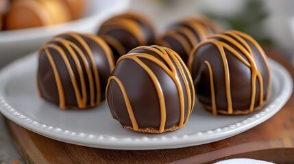 Chocolate Treats with Caramel Drizzle on a White Plate Display