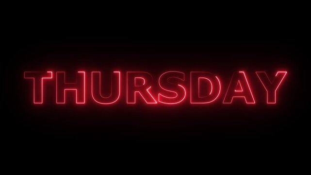 Neon light thursday text animation. New modern digital neon shine week name text icon animation with black background.