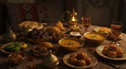 Fototapeta premium Traditional feast with an array of colorful dishes and desserts on a decorated table