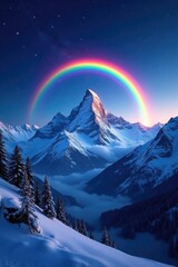 Fototapeta premium Majestic rainbow arcs over snowy mountain peaks in a starry night sky, winter wonderland, rainbow, arc