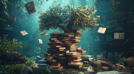  A Surreal Scene Where Books Stack to Form a Tree Surrounded by Nature