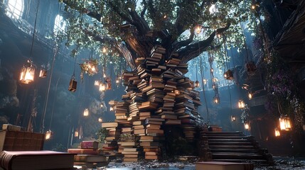  A Surreal Scene Where Books Stack to Form a Tree Surrounded by Nature © Muhammad