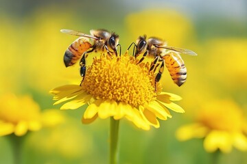 Two honeybees collecting nectar from a vibrant yellow flower in a sunlit meadow pollination in nature