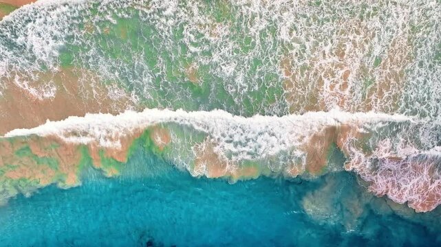 Top view of crystal clear sea and sandy beach. Water surface texture landscape loop. Drone view of ocean waves. Seaside sand. Sunset water seamless loop background.