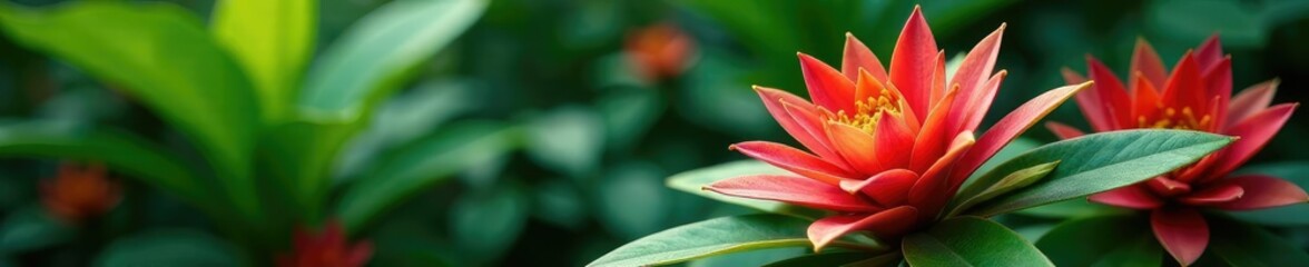 Obraz premium Richly colored Bromeliad flowers amidst lush green leaves, bromeliad, nature
