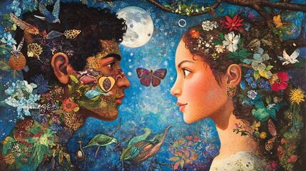 Cultural representation of Adam and Eve incorporating symbols from Jewish Christian and Muslim traditions