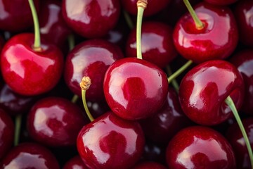 艶やかな赤いチェリーのクローズアップと新鮮な果皮の質感 背景| Close-Up of Shiny Red Cherries with Fresh Texture