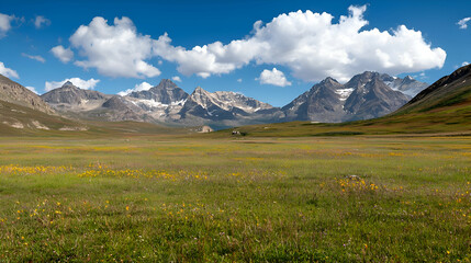 Fototapeta premium Wildflower Meadow And Snowcapped Mountain Range Under Blue Sky