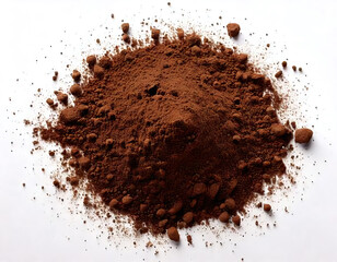 Rich brown soil with scattered texture and small rocks on white background, showcasing natural beauty and diversity of earth materials