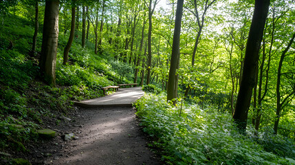 Fototapeta premium Sunlit Forest Path with Wooden Steps and Lush Greenery