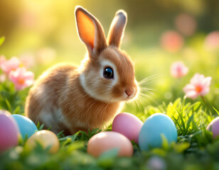 Cute rabbit sitting among colorful Easter eggs in a sunny garden.