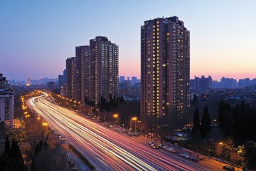 Fototapeta premium Captivating urban vista at twilight showcasing illuminated high rise buildings and dynamic light trails on the city road