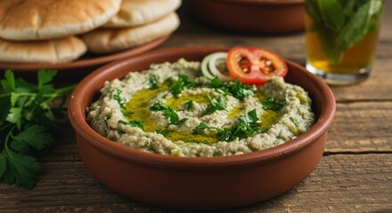 Delicious bowl of creamy hummus garnished with olive oil and herbs, served with pita