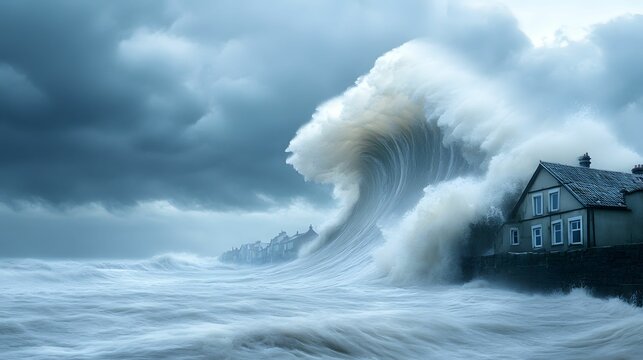 A massive wave crashes against a house during a storm, showcasing the power of nature and the potential danger of extreme weather conditions.