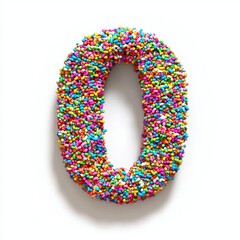 Of the number 0 made of colorful candy sprinkles tightly packed in a vibrant rainbow pattern, isolated on a clean white background
