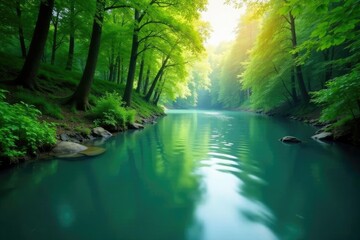 River scene with silky smooth water and lush greenery, silky river, greenery
