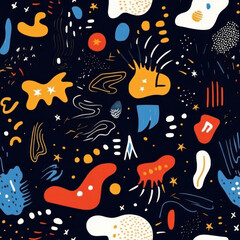 Fototapeta premium Abstract shapes float in a colorful, lively, and dynamic pattern against a dark cosmic background. Seamless pattern. Repeat pattern