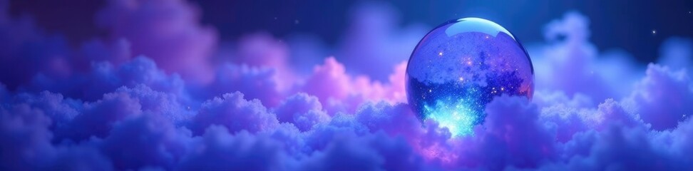 Soft lavender mist swirls around an orb of iridescent blue light, luminous, blue, texture