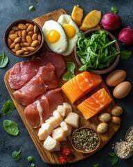 High Angle View of Fresh Healthy Food Arrangement on Wooden Board for Balanced Diet and Nutrition Rich in Protein and Vitamins