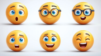 Six 3D emoticons with various expressions surprised, happy, glasses, wink.