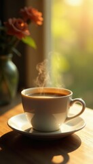 Soft morning light shines on a steaming cup of coffee, morning, still life, soft focus