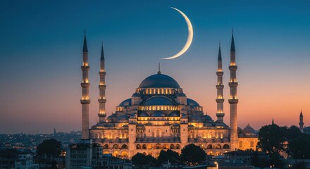 Fototapeta premium Majestic mosque silhouette at twilight with crescent moon over Istanbul skyline