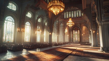 Obraz premium Grand Mosque Interior with Sunlight Streaming Through Arched Windows and Ornate Chandeliers