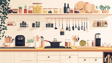 Contemporary home cooking collection, three panel kitchen illustration, casual cooking activities, simple geometric shapes, wooden countertops, cooking utensils, fresh ingredients, organized