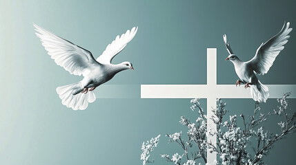 A serene First Communion design featuring two white doves flying near a minimalist cross, with a soft blue-to-white gradient background, symbolizing purity and spirituality.
