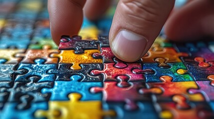 Obraz premium Close-up of hand placing puzzle piece.