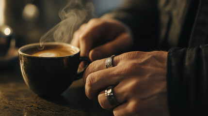 A close-up of a man's hand reaching for a steaming cup of artisanal coffee, his fingers adorned with delicate silver rings, the rich aroma almost tangible