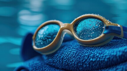 Close-up of swimming goggles resting on a folded blue towel, water droplets glistening, sports theme