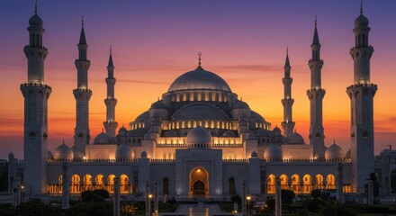 Fototapeta premium Majestic mosque at sunset with vibrant sky, showcasing architecture and tranquility