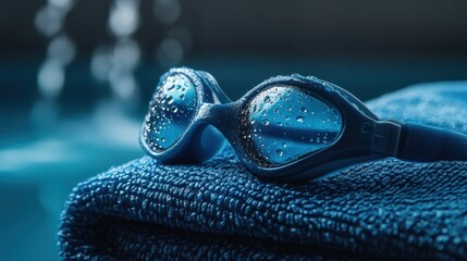 Close-up of swimming goggles resting on a folded blue towel, water droplets glistening, sports theme