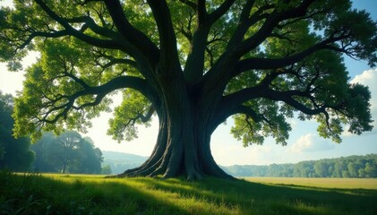 Obraz premium Underneath a towering oak tree its massive trunk rises like a monolith casting long ominous shadows, eerie, nature, giant