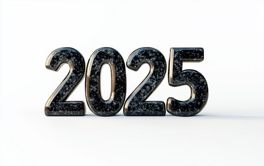 Of the number 2025 made of polished obsidian stone with deep black tones and subtle shimmering reflections, isolated on a clean white background