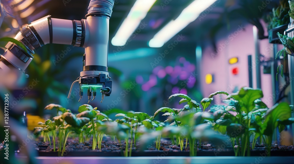 Poster farming system where machines interact with plants, detecting their needs and adjusting the environm