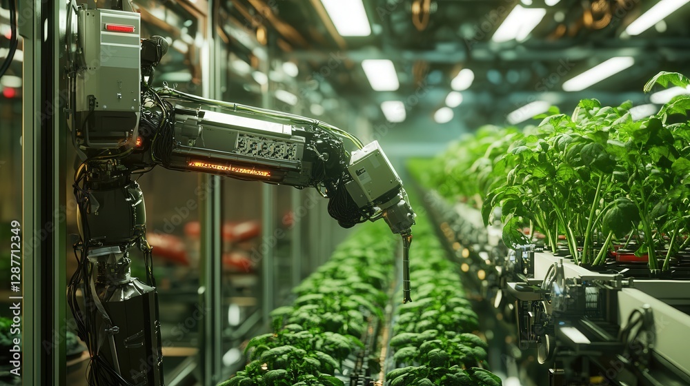 Poster farming system where machines interact with plants, detecting their needs and adjusting the environm